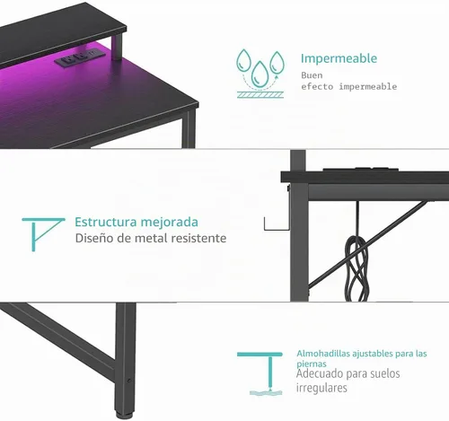 Vista 9 de Lufeiya Escritorio pequeño con tomas de corriente y luces LED, mesa de estudio de escritura para adolescentes de 32 pulgadas, escritorio para Negro