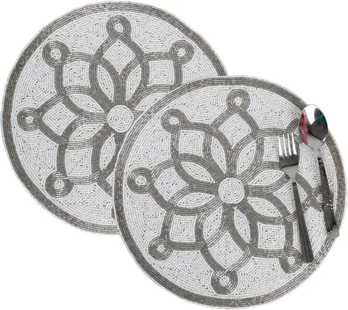 Vista 38 de Manteles individuales de 13 pulgadas con cuentas redondas para mesa de comedor - Manteles decorativos con cuentas de vidrio y respaldo de algodón