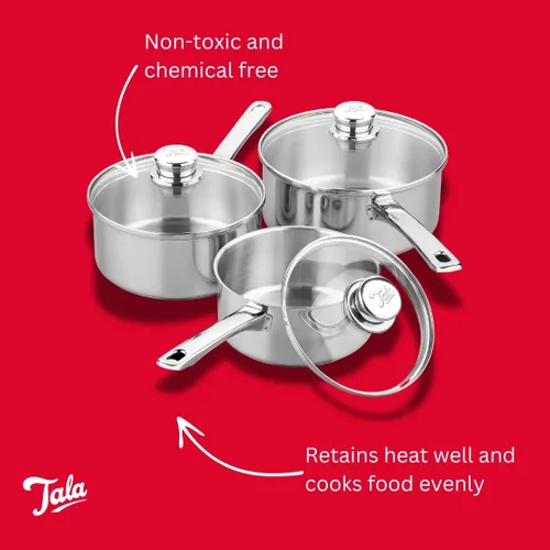 Vista 3 de Tala Performance - Juego de utensilios de cocina de acero inoxidable de 3 piezas, cacerolas con tapas de vidrio, 16, 18 y 7.9 in. Fabricado
