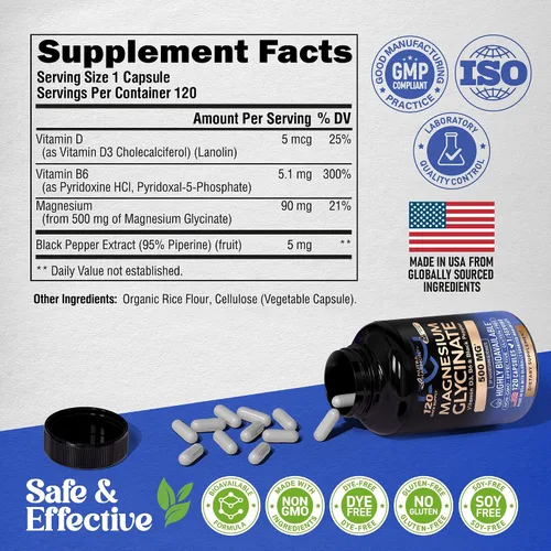 Vista 8 de Glicinato de magnesio 500 mg – Suplemento quelatado – Forma de alta absorción de magnesio – Apoyo para el sueño, la salud muscular y cardíaca