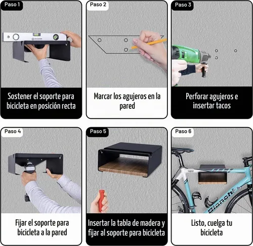 Vista 7 de MOSHAY - Soporte de pared para bicicleta, soporte de bicicleta de madera de aluminio para bicicletas de carretera, grava y turismo, almacenamiento