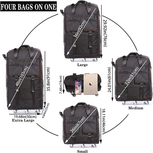 Vista 3 de ELDA Maleta plegable expandible con 6 ruedas silenciosas TPR bolsa de viaje plegable de gran capacidad para hombres y mujeres, Negro -, Ampliable