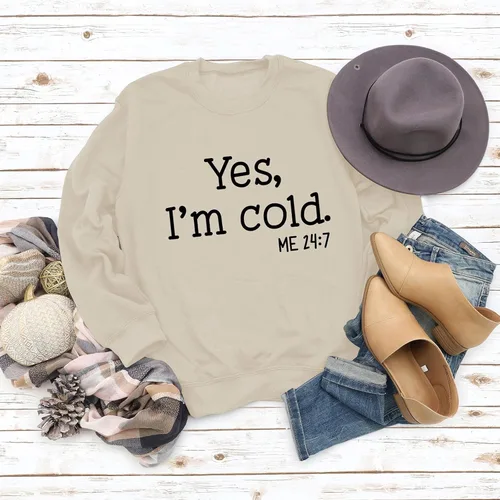 Vista 2 de Sudadera estampada con texto en inglés "I'm Yes Cold Me 247", de manga larga, cuello redondo, con letras, informal, holgada, para mujer