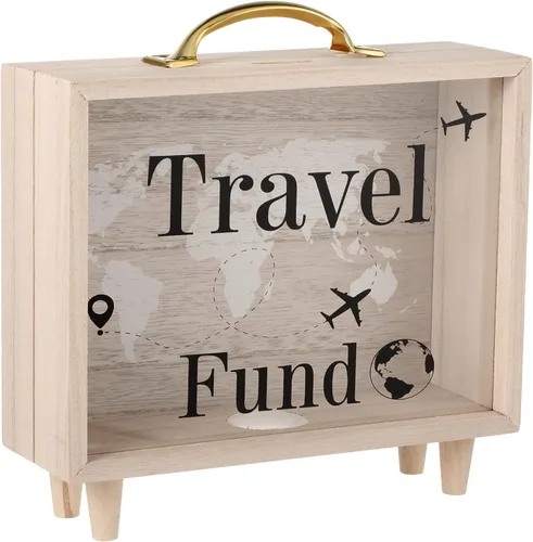 Vista 9 de Vesici Caja de Fondos de Viaje Alcancía para Adultos Caja de Ahorros de Dinero Maleta Decorativa de Vacaciones Banco de Monedas de Madera