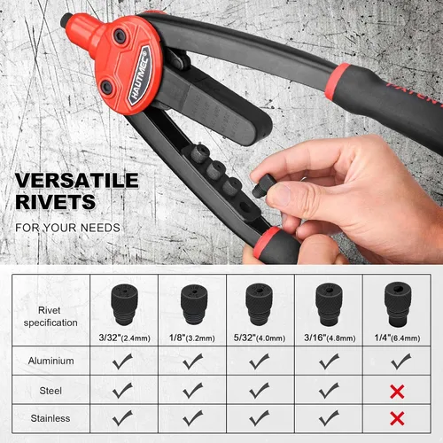Vista 6 de HAUTMEC Remachadora con diseño automático de rebote que ahorra mano de obra, herramienta de remache de 13" con 5 boquillas intercambiables sin