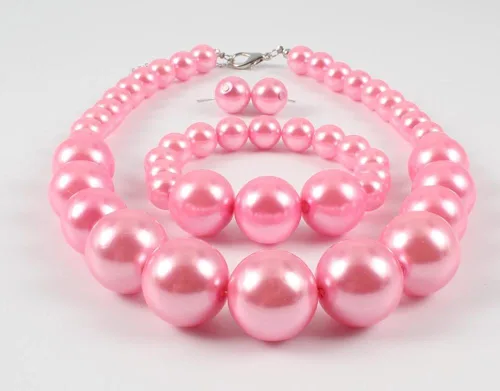 Vista 4 de Shineland - Juego de collar y pulsera de perlas de imitación grandes y grandes (rosa)
