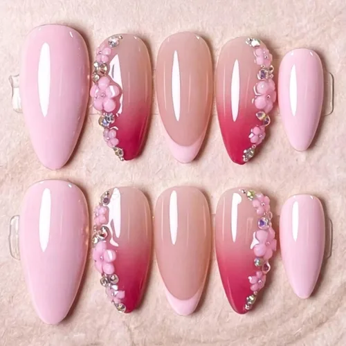 Vista 25 de Uñas postizas largas a presión, color negro, diseño francés y floral, 24