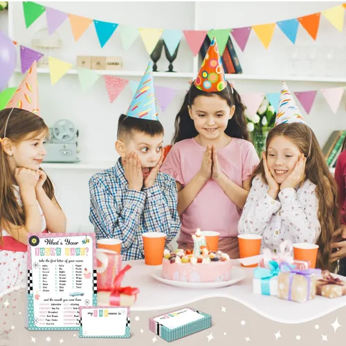 Vista 6 de ¿Cuál es tu nombre de los años 50 Juego, 1 señal de doble cara y 30 tarjetas adhesivas, Juegos de fiesta de cumpleaños retro para niños y adultos