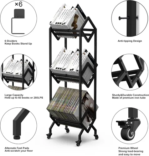 Vista 3 de VENNQD Estantería de metal industrial para libros, soporte de 3 niveles con ruedas, diseño moderno y elegante, revistas, archivos, álbum de recetas