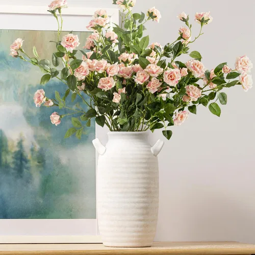 Vista 10 de Florero Grande para Decoración del Hogar - Jarrones de Mesa Rústicos de Cerámica Estilo Granja de 12 Pulgadas de Alto con Asa, Decoración de Sala