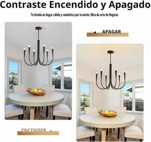 Vista 4 de Lámpara colgante moderna de 6 luces para comedor, cocina, sala de estar, lámpara industrial rústica negra MPL26-6 BK