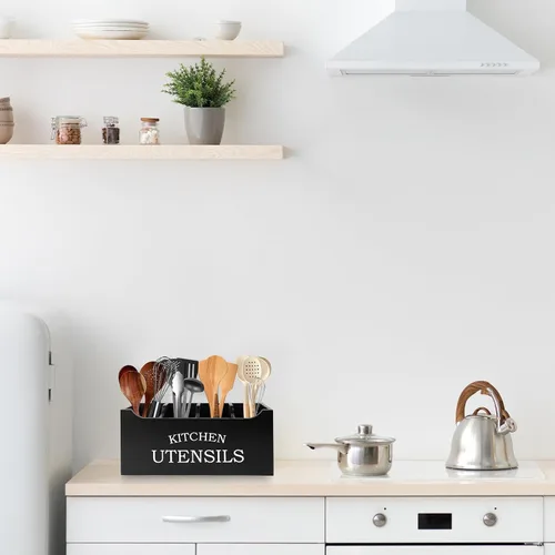 Vista 2 de Soporte para utensilios de cocina de madera, extra grande, 4 compartimentos, con parte inferior de drenaje para encimera, organizador