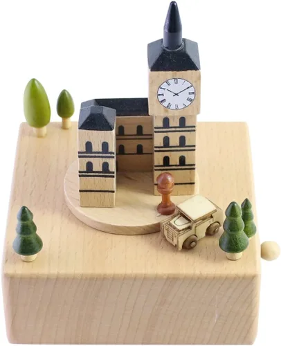 Vista 2 de Bonita caja musical de madera hecha de calidad con el Big Ben de Londres con coche magnético pequeño y móvil Reproduce la canción "Castle in The