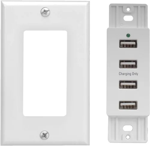 Vista 2 de Soporte de pared con 4 puertos USB de carga 12-16V DC apto para placas de pared estándar, color blanco