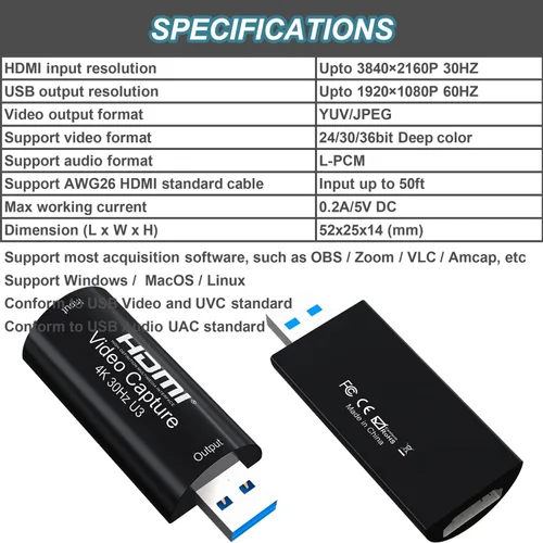 Vista 2 de Tarjeta de captura de video 4K HDMI a USB 3.0 1080P 60FPS Cam Link Tarjeta de captura de juegos Adaptador de tarjeta de captura de pantalla