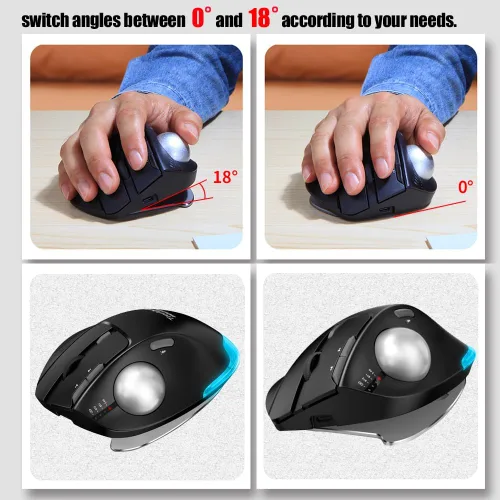 Vista 5 de zelotes Ratón de trackball inalámbrico, mouse Bluetooth, recargable, 4800 DPI, 2 en 1 (BT 5.0/3.0+2.4 GHz receptor USB), 8 botones, diseño Negro