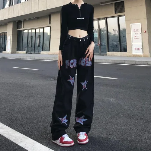 Vista 5 de CYee Jeans de cintura alta para mujer, pantalones altos con estampado de estrellas, pantalones Grunge, pantalones holgados y estéticos para la calle