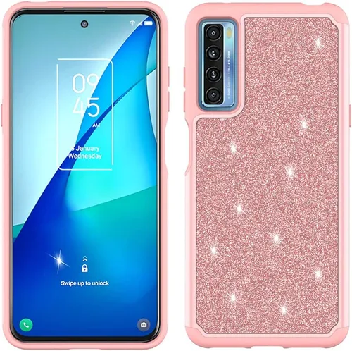 Vista 6 de Funda diseñada para TCL 20S con purpurina con vidrio templado, absorción de golpes, antiarañazos, resistente, duradera, protección contra caídas Oro