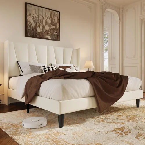 Vista 18 de HOOMIC Base de cama tapizada de tamaño matrimonial con cabecera geométrica moderna con respaldo de ala, listones de madera, no necesita somier, base