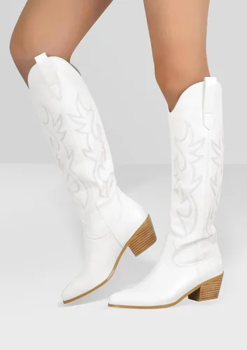 Vista 2 de STALOV Botas vaqueras para mujer, botas de tacón grueso hasta la rodilla, botas vaqueras con punta occidental, botas bordadas de gamuza