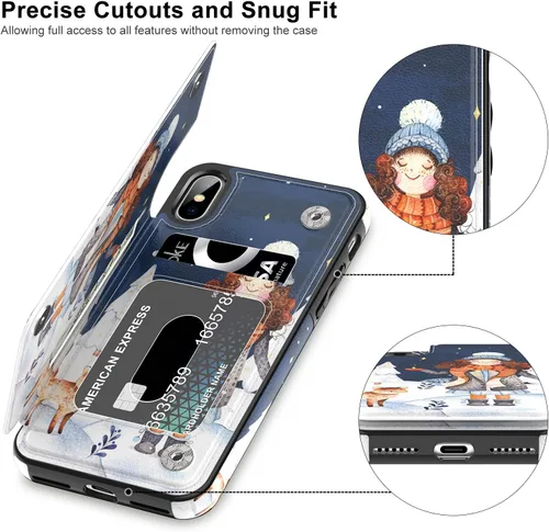 Vista 3 de LETO Funda para iPhone X, funda para iPhone Xs, funda de piel tipo cartera con diseños de moda para niñas y mujeres, funda tipo folio con ranuras