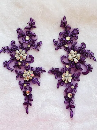 Vista 10 de Parches de tela de encaje fino bordados con diamantes de imitación bordados, decoración de vestido para coser en lentejuelas cuentas, accesorio
