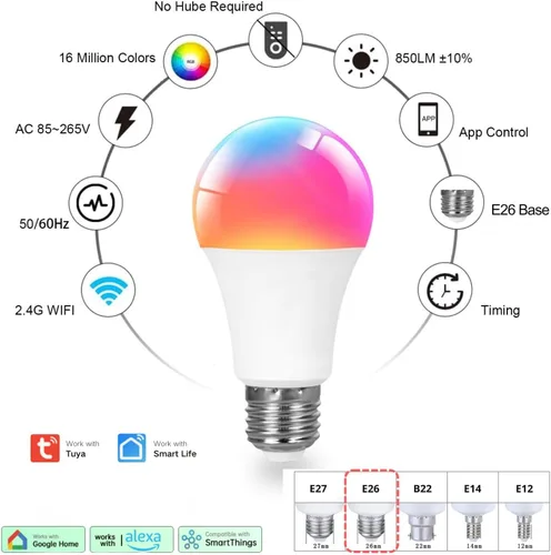 Vista 7 de Bombilla inteligente A19, 9 W, 900 lúmenes, RGB+CCT, 16 millones de colores vibrantes para bricolaje, sincronización de música a través de Tuya