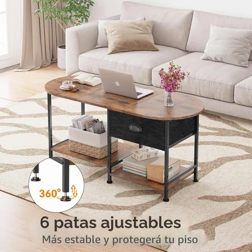 Vista 5 de Mesa de centro ovalada pequeña de 37 pulgadas con almacenamiento, mesa central de madera moderna para espacios pequeños, apartamento, oficina