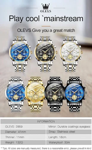 Vista 6 de OLEVS Mens Chronograph Watches with Date Fashion Big Dial Watch for Men Stainless Steel Waterproof Dress Watch Easy Read Quartz Mens Luminous Gift