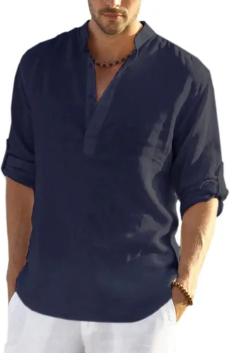 Vista 19 de COOFANDY Camiseta Henley de algodón y lino para hombre, de manga larga, estilo hippie, casual, playera