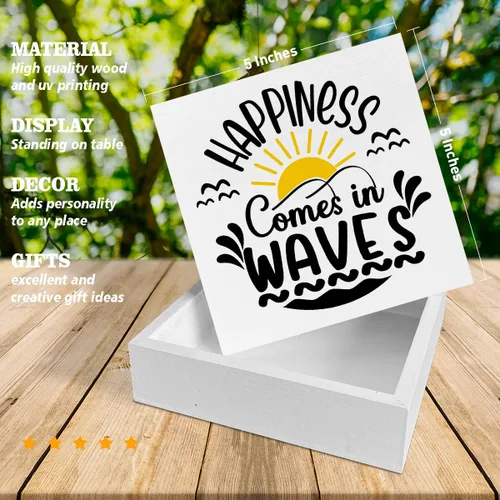 Vista 2 de Letrero de madera con temática de playa, decoración de casa de playa, con texto en inglés «Happiness Comes in Waves», letrero cuadrado de madera