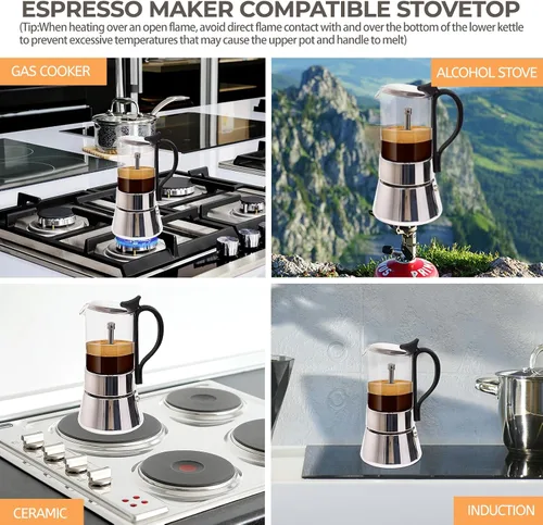Vista 5 de Olla de vidrio transparente para 4 tazas, 7.4 fl oz, cafetera de acero inoxidable, sin recubrimiento, cafetera de café expreso, estilo italiano