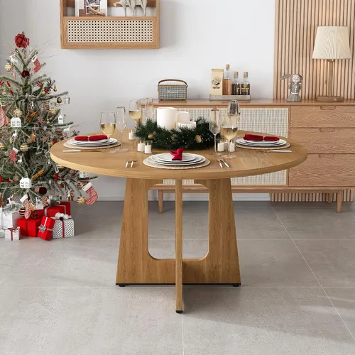 Vista 2 de Mesa de comedor redonda estilo granja para 6, mesa de cocina circular de 47" MDF con acabado de grano de madera, mesa de cocina y comedor de madera