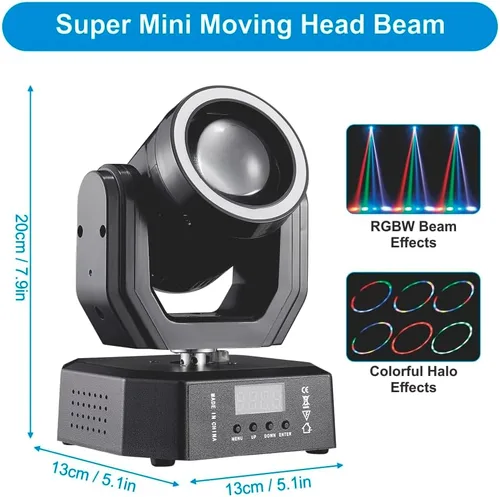 Vista 6 de Mini luz de cabeza móvil, 30 W, luces LED compactas para escenario, haz de cabeza móvil con efectos de halo, control remoto/DMX512/control de sonido