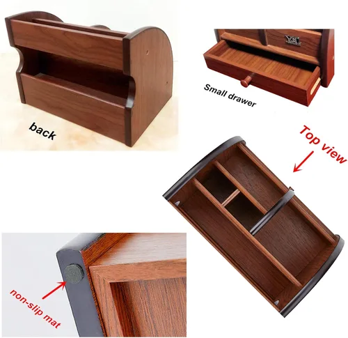 Vista 7 de Caja de almacenamiento de madera para control remoto con cajón delgado para organizador de escritorio de hogar y oficina, porta bolígrafos/lápices