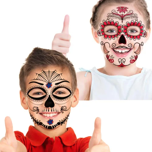Vista 5 de Tatuajes faciales temporales de Halloween (paquete de 8 unidades), Konsait Día de los Muertos, calavera de azúcar, floral, negro, esqueleto, red