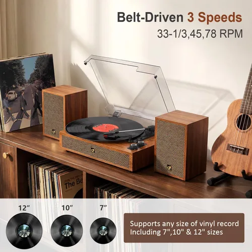 Vista 6 de Tocadiscos de vinilo con altavoces externos duales, tocadiscos Bluetooth vintage de 3 velocidades con altavoces estéreo, reproductor LP accionado