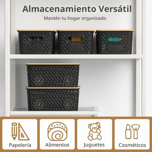 Vista 6 de Contenedores de almacenamiento de plástico con tapas de bambú, canastas pequeñas apilables para organización y contenedores para estantes, cajones