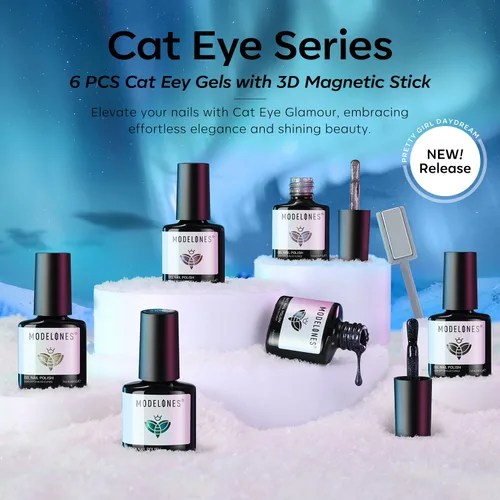 Vista 8 de modelones - Juego de 6 esmaltes en gel con efecto de ojo de gato cristalino, holográfico 9D, brillantina, negro, azul, morado, verde, con imán