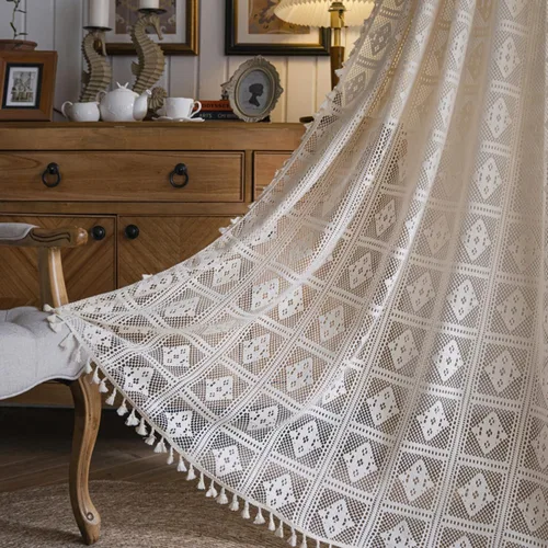 Vista 4 de Bringsine - Cortinas de crochet bohemias de algodón para sala de estar, cortinas de ventana para dormitorio con oscurecimiento, cortina