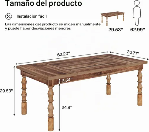 Vista 2 de Tribesigns Mesa de comedor de granja de 62 pulgadas para 4-6 personas, mesa de cocina rectangular grande, mesa de comedor, muebles de cocina y Nogal