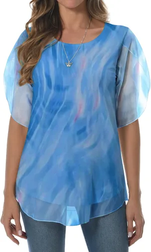 Vista 2 de HAOMEILI Blusas de malla de manga 34 con volantes para mujer, blusas holgadas y elásticas