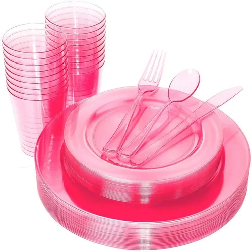 Vista 8 de WDF 25 platos azules para invitados con cubiertos desechables y vasos azules, vajilla de plástico transparente neón incluye 25 platos de cena