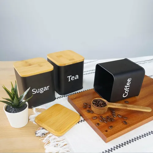 Vista 4 de SOTECH Juego de 3 recipientes de cocina para café, azúcar y té, tarros de metal con tapa de bambú, recipientes cuadrados negros para almacenamiento
