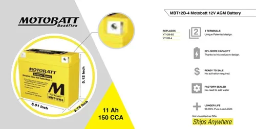 Vista 5 de MotoBatt Batería AGM sellada MBT12B4 de 12 voltios y 11 Ah sin mantenimiento