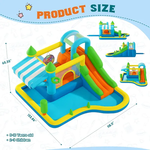 Vista 7 de Albott Inflatable Bounce House Obstacle Course with Blower, for Kids 3-10 Azul océano y verde