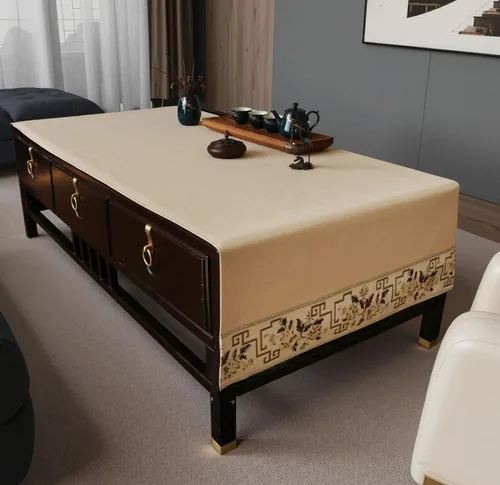 Vista 6 de Funda rectangular para mesa de café con flores bordadas. Mantel de mesa de café beige y camino de mesa de té para sala de estar, lavable a máquina