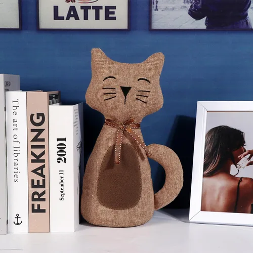 Vista 7 de Lindo tope de puerta decorativo para el hogar y la oficina, topes de puerta de piso, protectores de pared pesados de tela con peso animal, gato café