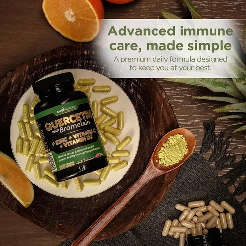 Vista 5 de Quercetina con vitamina C y zinc - Quercetina 500 mg - Quercetina con bromelina - Quercetina de zinc - 120 cápsulas vegetarianas. Suplementos
