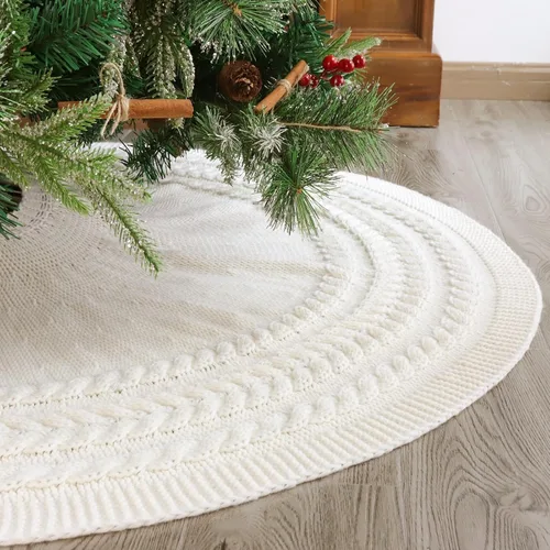 Vista 4 de Falda de árbol de Navidad de 48 pulgadas: anillos anuales de punto trenzado grueso, falda de árbol blanco crema, decoraciones rústicas gruesas